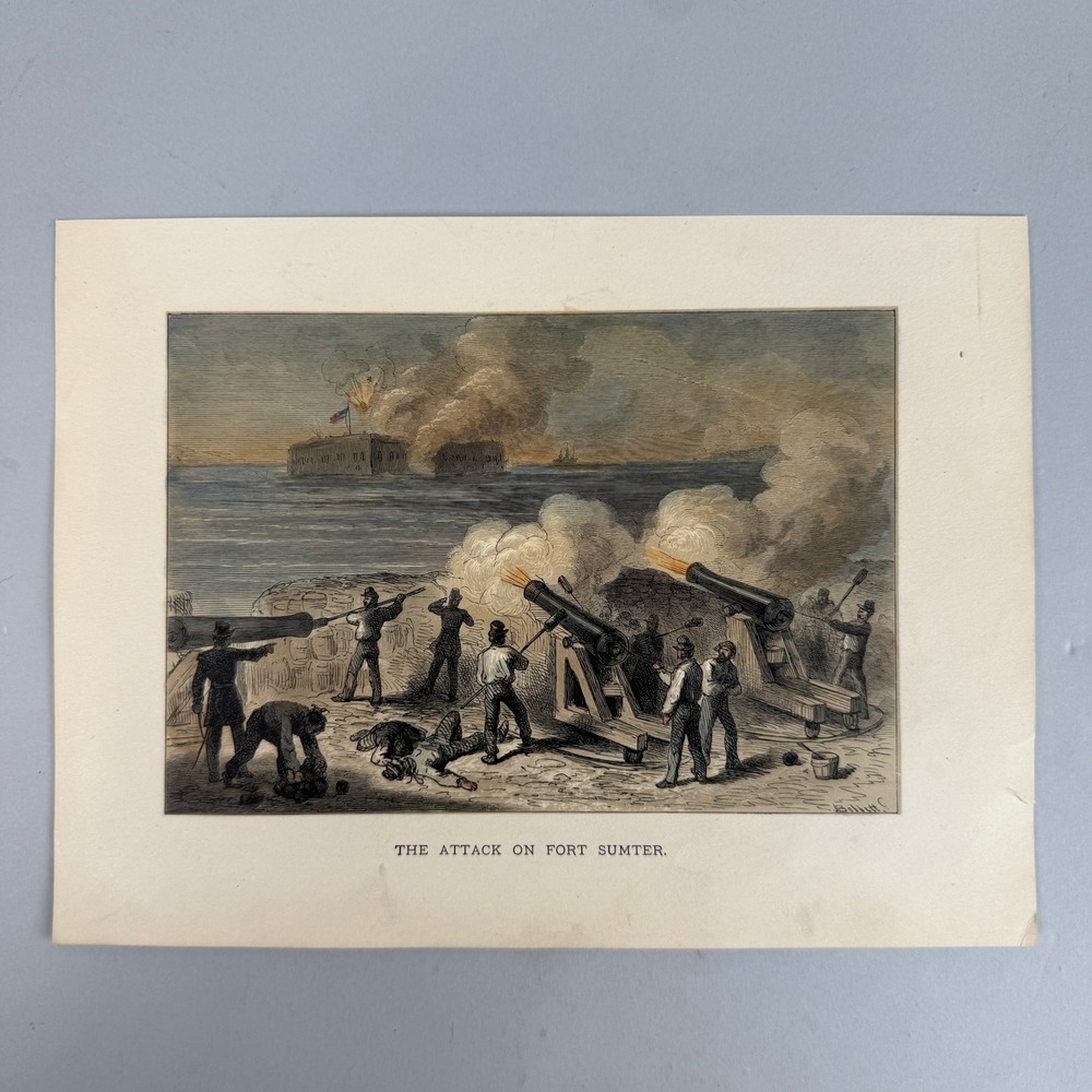 The Attack on Fort Sumter Civil War Wood hand colored Engraving Print 9.5x7